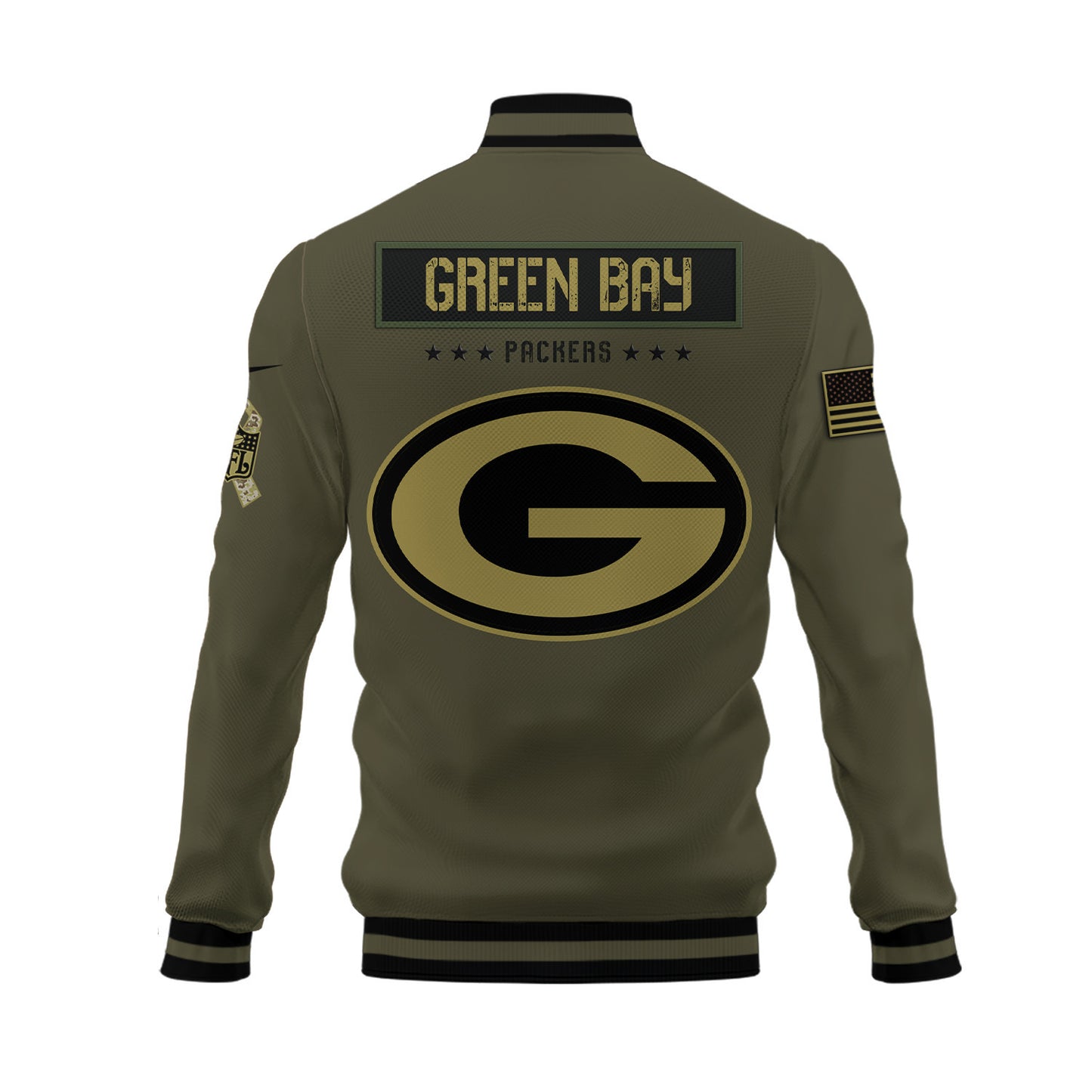 Green Bay Packers 2023 Salute To Service Club Baseball Jacket Varsity Jacket - Green - All-Over-Printed Jacket