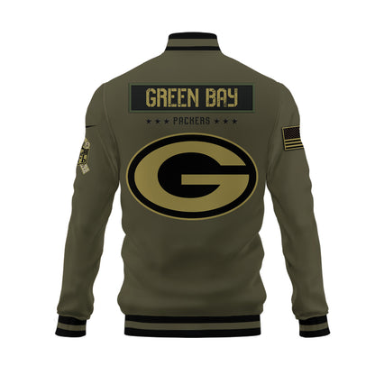 Green Bay Packers 2023 Salute To Service Club Baseball Jacket Varsity Jacket - Green - All-Over-Printed Jacket