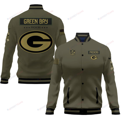 Green Bay Packers 2023 Salute To Service Club Baseball Jacket Varsity Jacket - Green - All-Over-Printed Jacket
