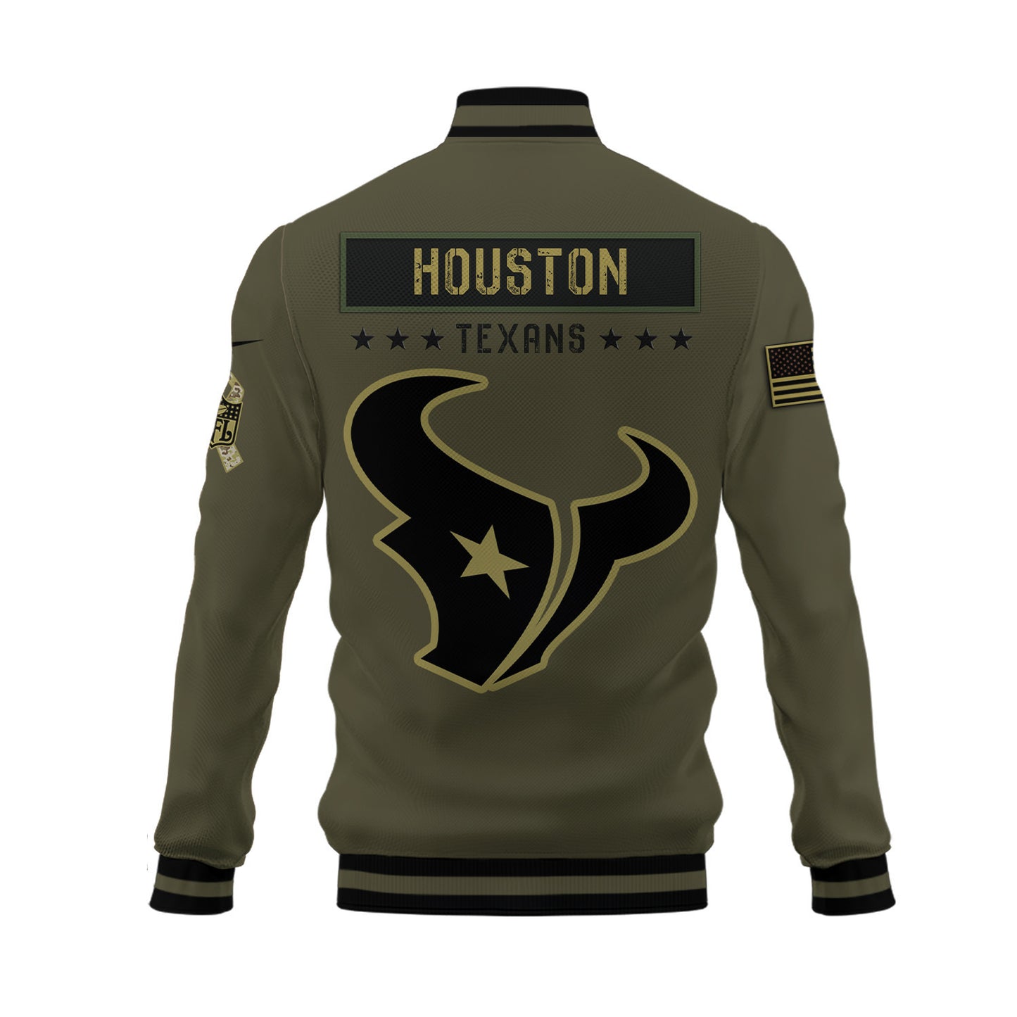 Houston Texans 2023 Salute To Service Club Baseball Jacket Varsity Jacket - Green - All-Over-Printed Jacket