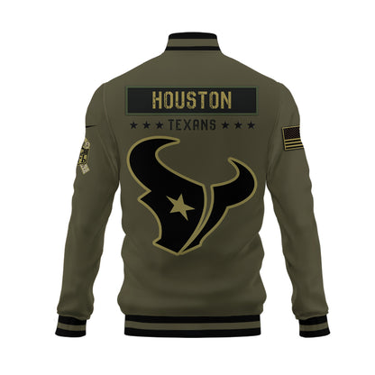 Houston Texans 2023 Salute To Service Club Baseball Jacket Varsity Jacket - Green - All-Over-Printed Jacket
