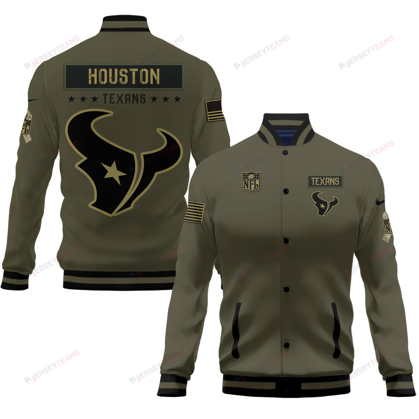 Houston Texans 2023 Salute To Service Club Baseball Jacket Varsity Jacket - Green - All-Over-Printed Jacket