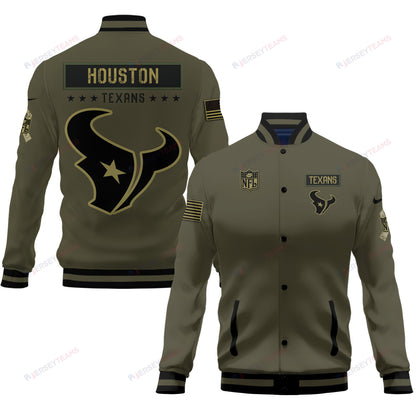 Houston Texans 2023 Salute To Service Club Baseball Jacket Varsity Jacket - Green - All-Over-Printed Jacket