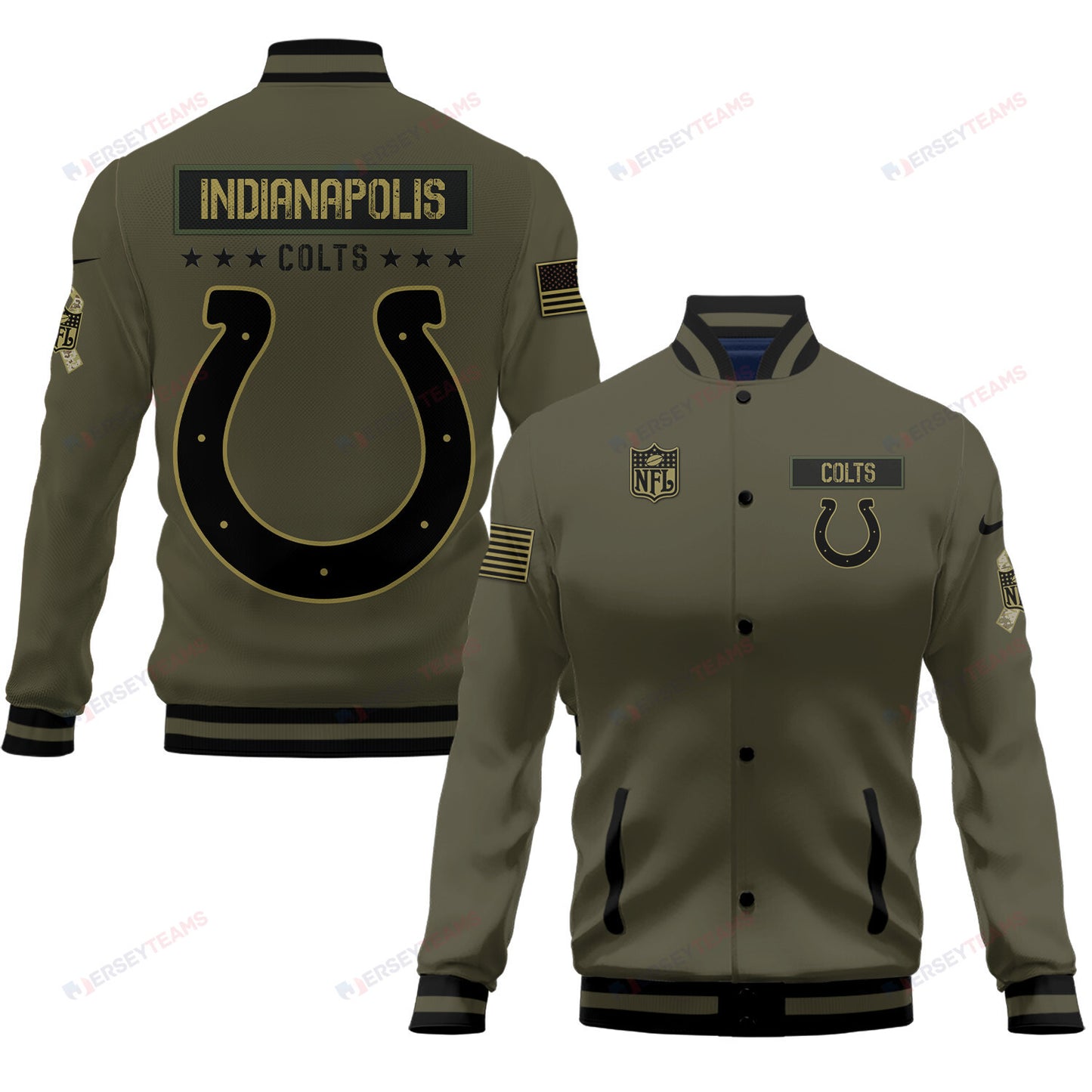 Indianapolis Colts 2023 Salute To Service Club Baseball Jacket Varsity Jacket - Green - All-Over-Printed Jacket