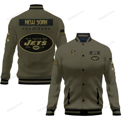 New York Jets 2023 Salute To Service Club Baseball Jacket Varsity Jacket - Green - All-Over-Printed Jacket
