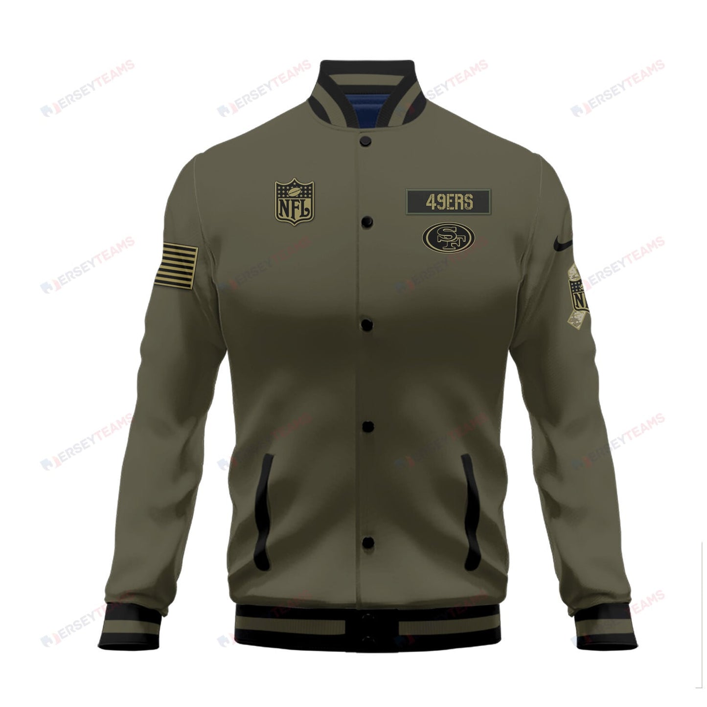 San Francisco 49ers 2023 Salute To Service Club Baseball Jacket Varsity Jacket - Green - All-Over-Printed Jacket