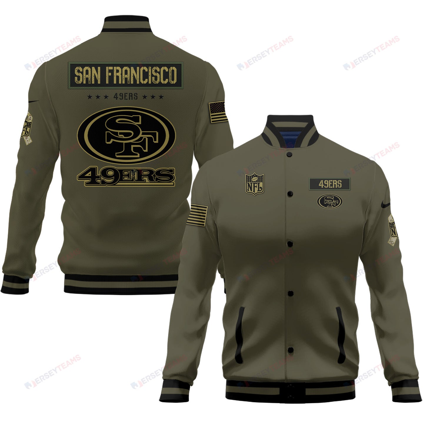 San Francisco 49ers 2023 Salute To Service Club Baseball Jacket Varsity Jacket - Green - All-Over-Printed Jacket