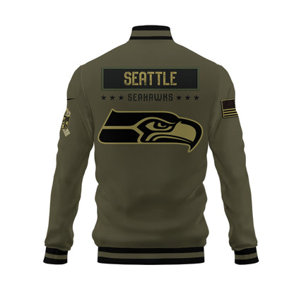 Seattle Seahawks 2023 Salute To Service Club Baseball Jacket Varsity Jacket - Green - All-Over-Printed Jacket