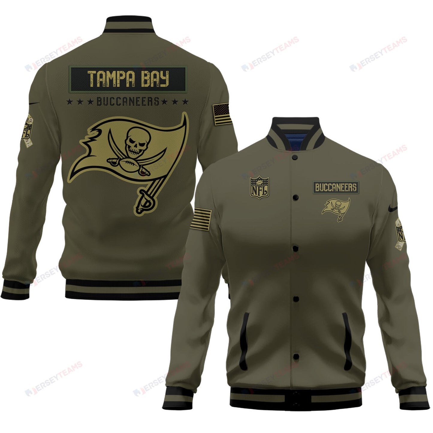 Tampa Bay Buccaneers 2023 Salute To Service Club Baseball Jacket Varsity Jacket - Green - All-Over-Printed Jacket