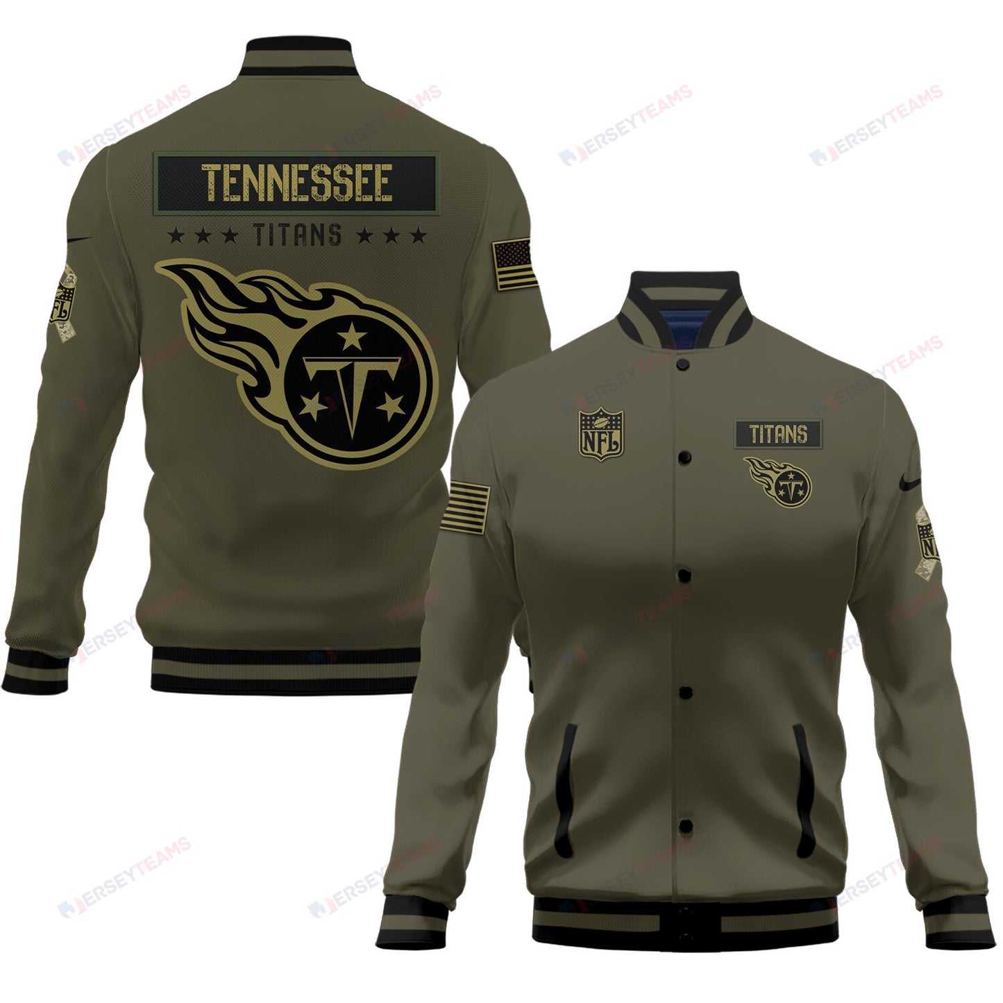 Tennessee Titans 2023 Salute To Service Club Baseball Jacket Varsity Jacket - Green - All-Over-Printed Jacket