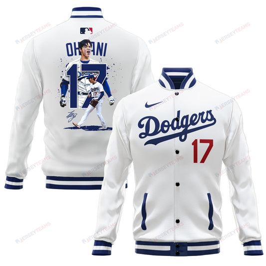 Shohei Ohtani 17 Los Angeles Dodgers Name & Number Signed Baseball Jacket - White - All-Over-Printed Jacket
