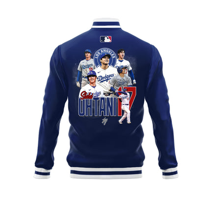 Shohei Ohtani 17 Los Angeles Dodgers Signed Name Road Baseball Jacket - Royal - All-Over-Printed Jacket