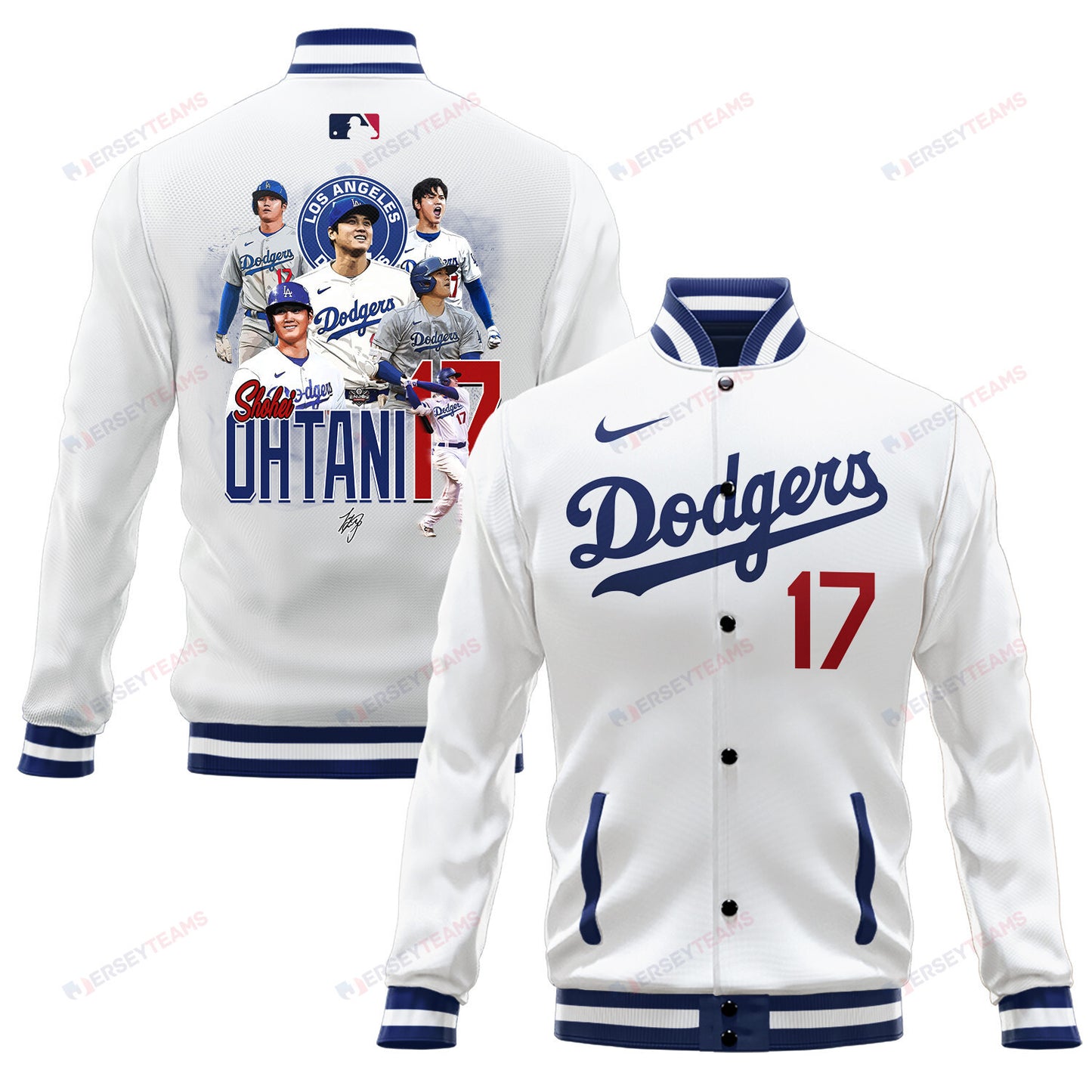 Shohei Ohtani 17 Los Angeles Dodgers Signed Name Road Baseball Jacket - White - All-Over-Printed Jacket