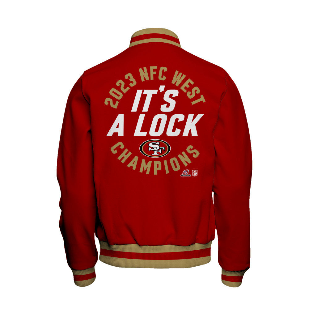 San Francisco 49ers 2023 NFC West Division Champions Locker Room Trophy Baseball Jacket - Scarlet - All-Over-Printed Jacket