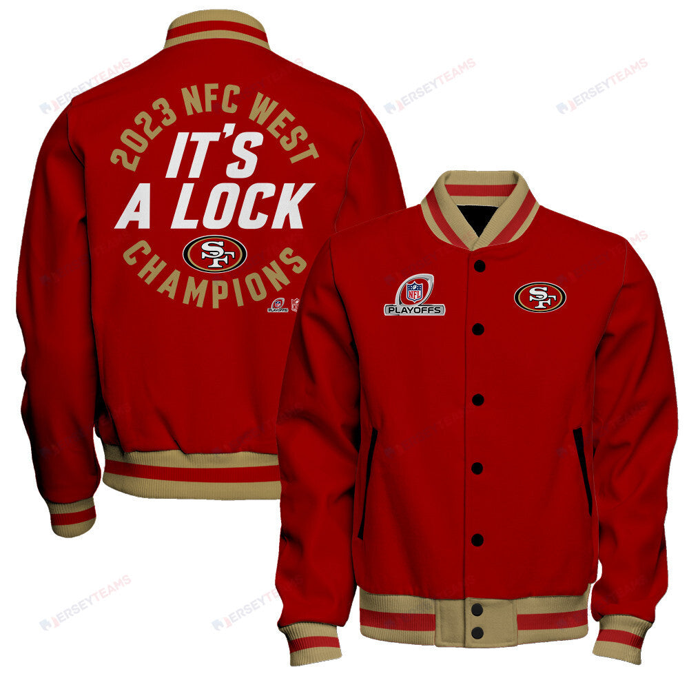 San Francisco 49ers 2023 NFC West Division Champions Locker Room Trophy Baseball Jacket - Scarlet - All-Over-Printed Jacket
