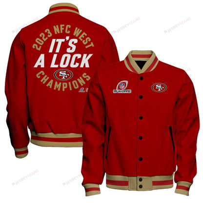 San Francisco 49ers 2023 NFC West Division Champions Locker Room Trophy Baseball Jacket - Scarlet - All-Over-Printed Jacket