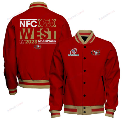 San Francisco 49ers 2023 NFC West Division Champions Conquer Baseball Jacket - Scarlet - All-Over-Printed Jacket