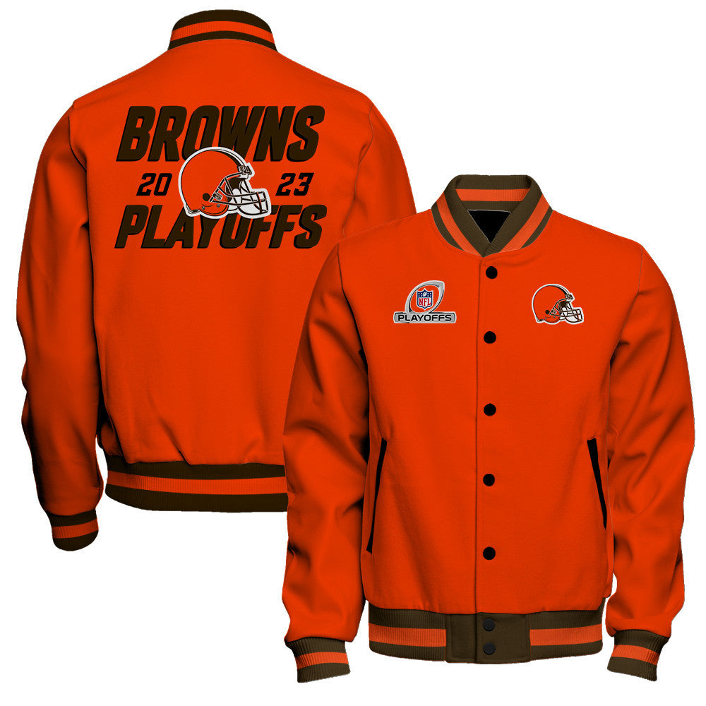 Cleveland Browns 2023 NFL Playoffs Iconic Baseball Jacket - Orange - All-Over-Printed Jacket