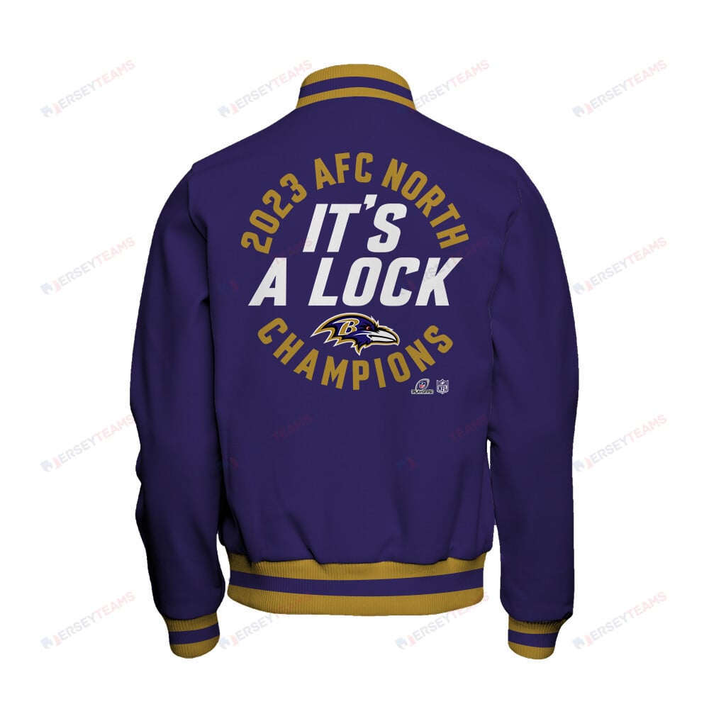 Baltimore Ravens 2023 AFC North Champions It's A Lock Baseball Jacket - Purple - All-Over-Printed Jacket