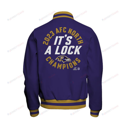 Baltimore Ravens 2023 AFC North Champions It's A Lock Baseball Jacket - Purple - All-Over-Printed Jacket