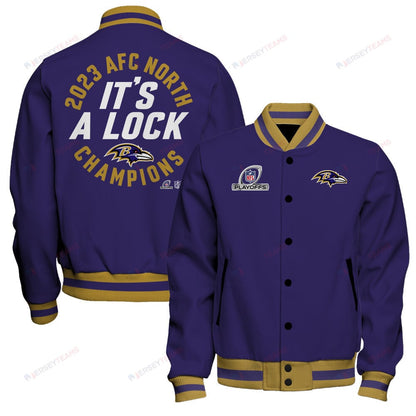 Baltimore Ravens 2023 AFC North Champions It's A Lock Baseball Jacket - Purple - All-Over-Printed Jacket
