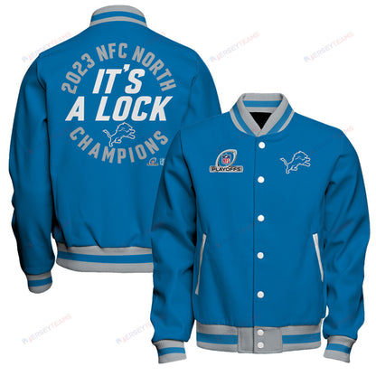 Detroit Lions 2023 NFC North Division Champions Locker Room Baseball Jacket - Blue - All-Over-Printed Jacket