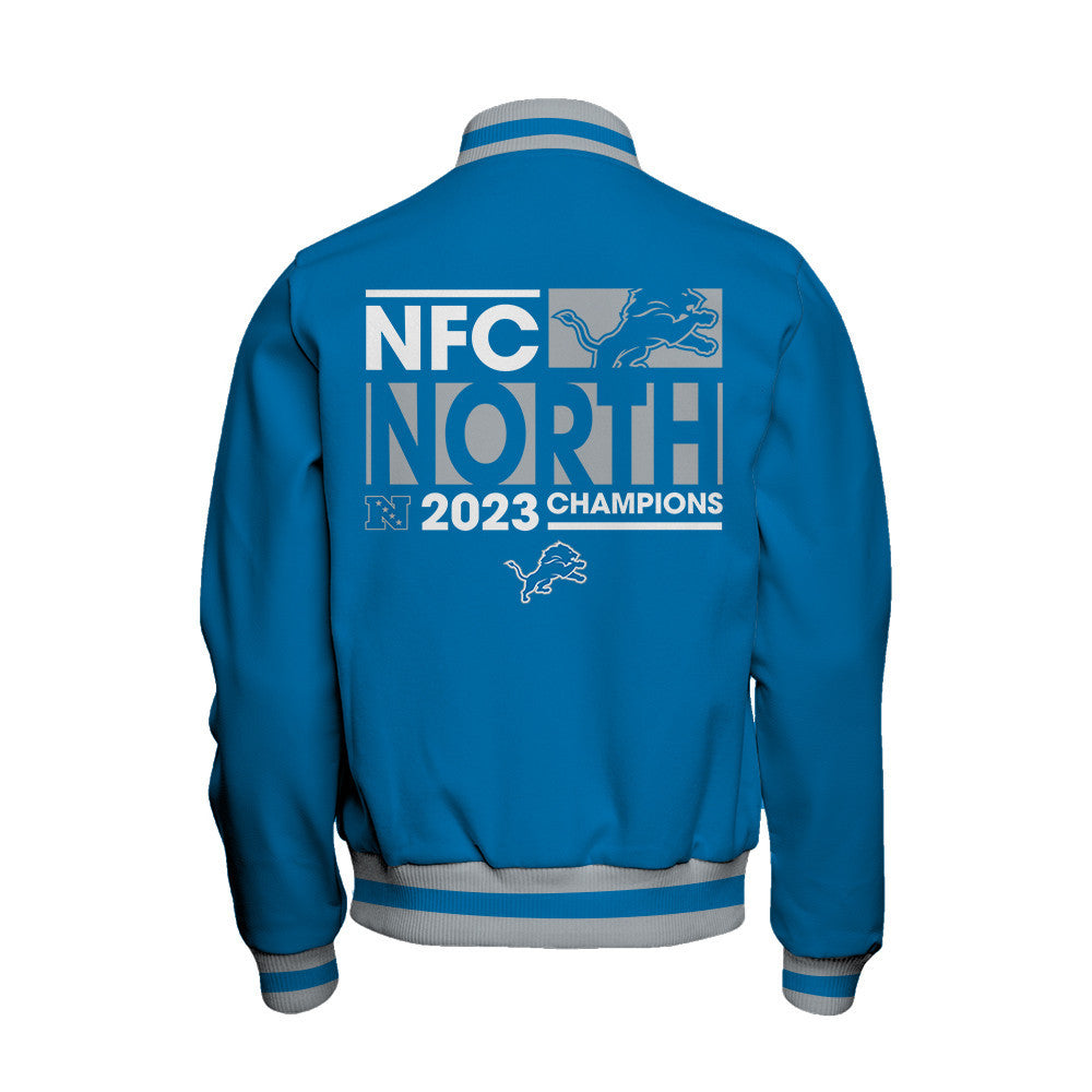 Detroit Lions 2023 NFC North Division Champions Conquer Baseball Jacket - Blue - All-Over-Printed Jacket