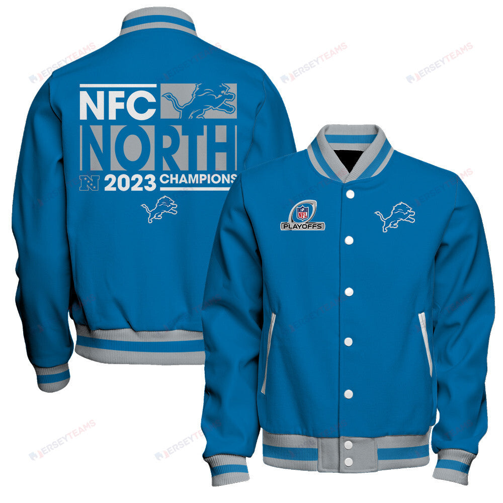 Detroit Lions 2023 NFC North Division Champions Conquer Baseball Jacket - Blue - All-Over-Printed Jacket