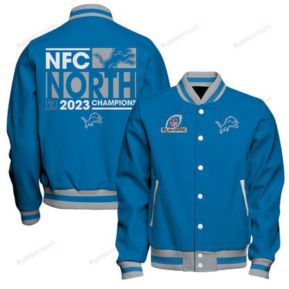 Detroit Lions 2023 NFC North Division Champions Conquer Baseball Jacket - Blue - All-Over-Printed Jacket