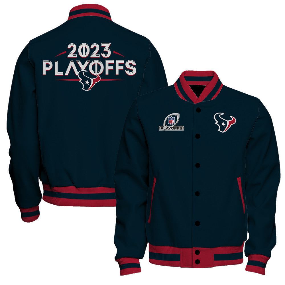 Houston Texans 2023 Playoffs Ready Baseball Jacket - Navy - All-Over-Printed Jacket