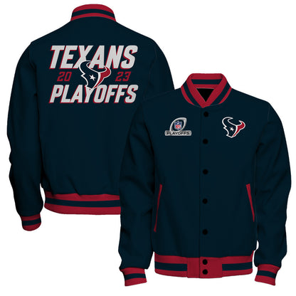 Houston Texans 2023 Playoffs Iconic Baseball Jacket - Navy - All-Over-Printed Jacket