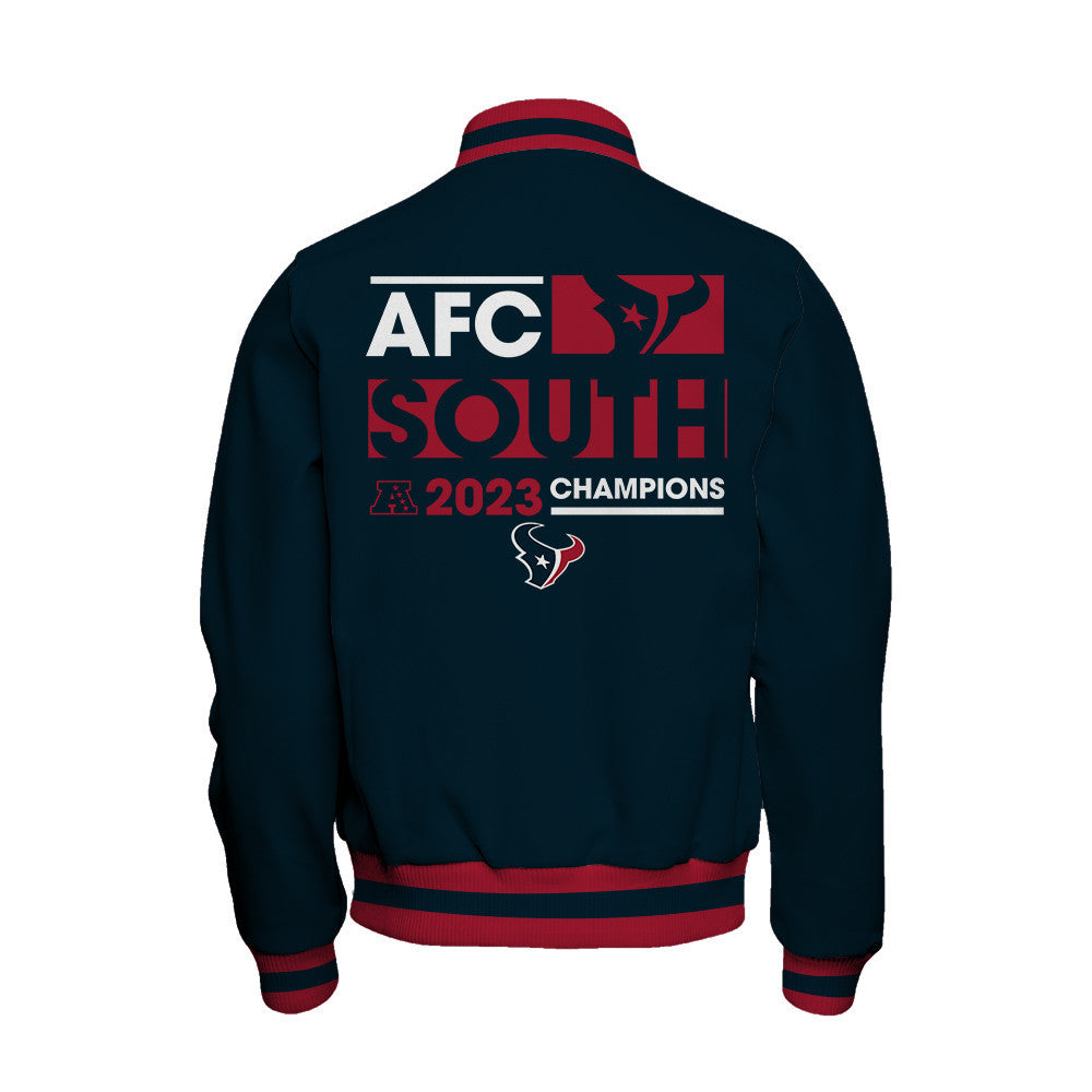 Houston Texans 2023 AFC South Division Champions Conquer Baseball Jacket - Navy - All-Over-Printed Jacket