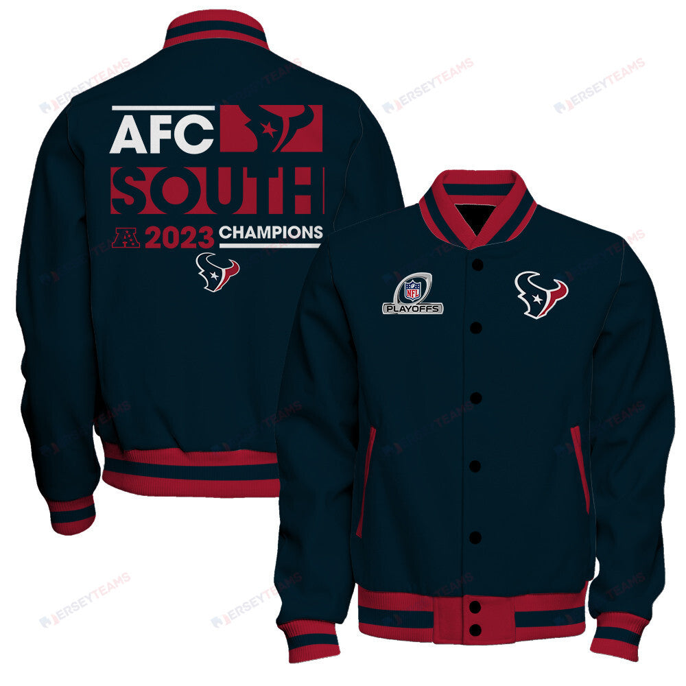 Houston Texans 2023 AFC South Division Champions Conquer Baseball Jacket - Navy - All-Over-Printed Jacket