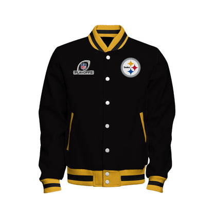 Pittsburgh Steelers Steel City Football 2023 Playoffs Ready Baseball Jacket - Black - All-Over-Printed Jacket