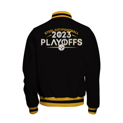 Pittsburgh Steelers Steel City Football 2023 Playoffs Ready Baseball Jacket - Black - All-Over-Printed Jacket
