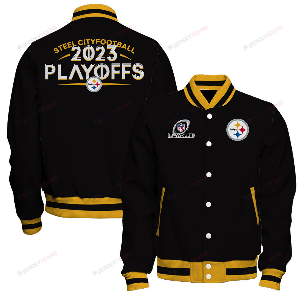 Pittsburgh Steelers Steel City Football 2023 Playoffs Ready Baseball Jacket - Black - All-Over-Printed Jacket