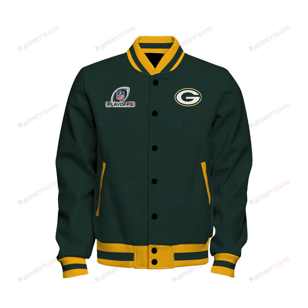 Green Bay Packers Go Pack Go 2023 Playoffs Ready Baseball Jacket - Green - All-Over-Printed Jacket
