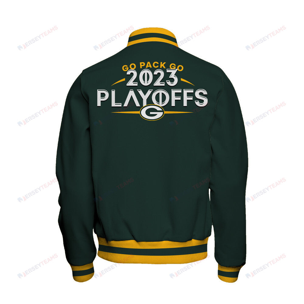 Green Bay Packers Go Pack Go 2023 Playoffs Ready Baseball Jacket - Green - All-Over-Printed Jacket