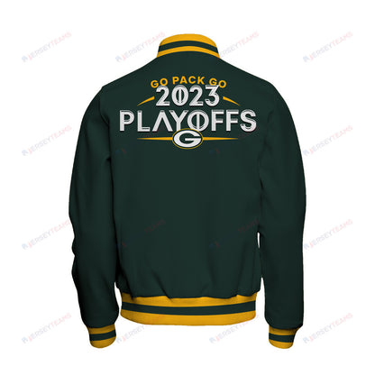 Green Bay Packers Go Pack Go 2023 Playoffs Ready Baseball Jacket - Green - All-Over-Printed Jacket