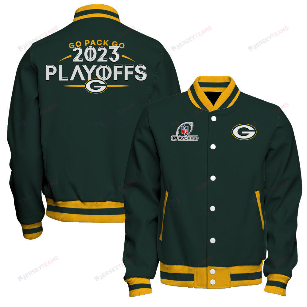 Green Bay Packers Go Pack Go 2023 Playoffs Ready Baseball Jacket - Green - All-Over-Printed Jacket
