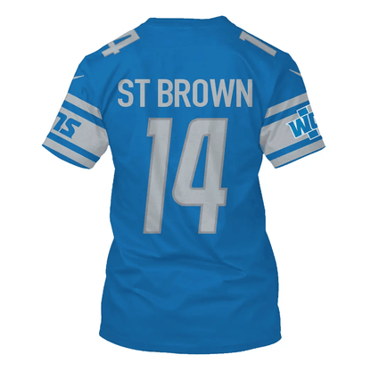 Amon-Ra St. Brown 14 Detroit Lions All Over Print T-shirt - Blue