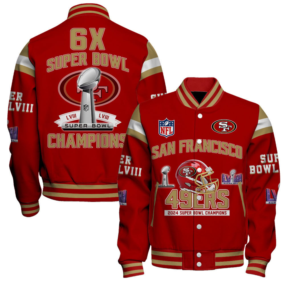 San Francisco 49ers 6th Super Bowl Champions Super Bowl LVIII Baseball Jacket - Red - All-Over-Printed Jacket