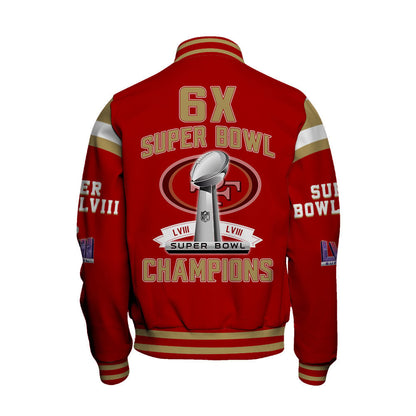 San Francisco 49ers 6th Super Bowl Champions Super Bowl LVIII Baseball Jacket - Red - All-Over-Printed Jacket