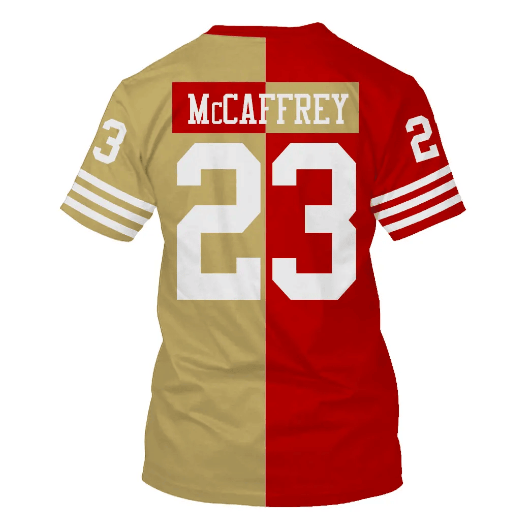 Christian McCaffrey 23 San Francisco 49ers All Over Print T-shirt - Gold/ Scarlet