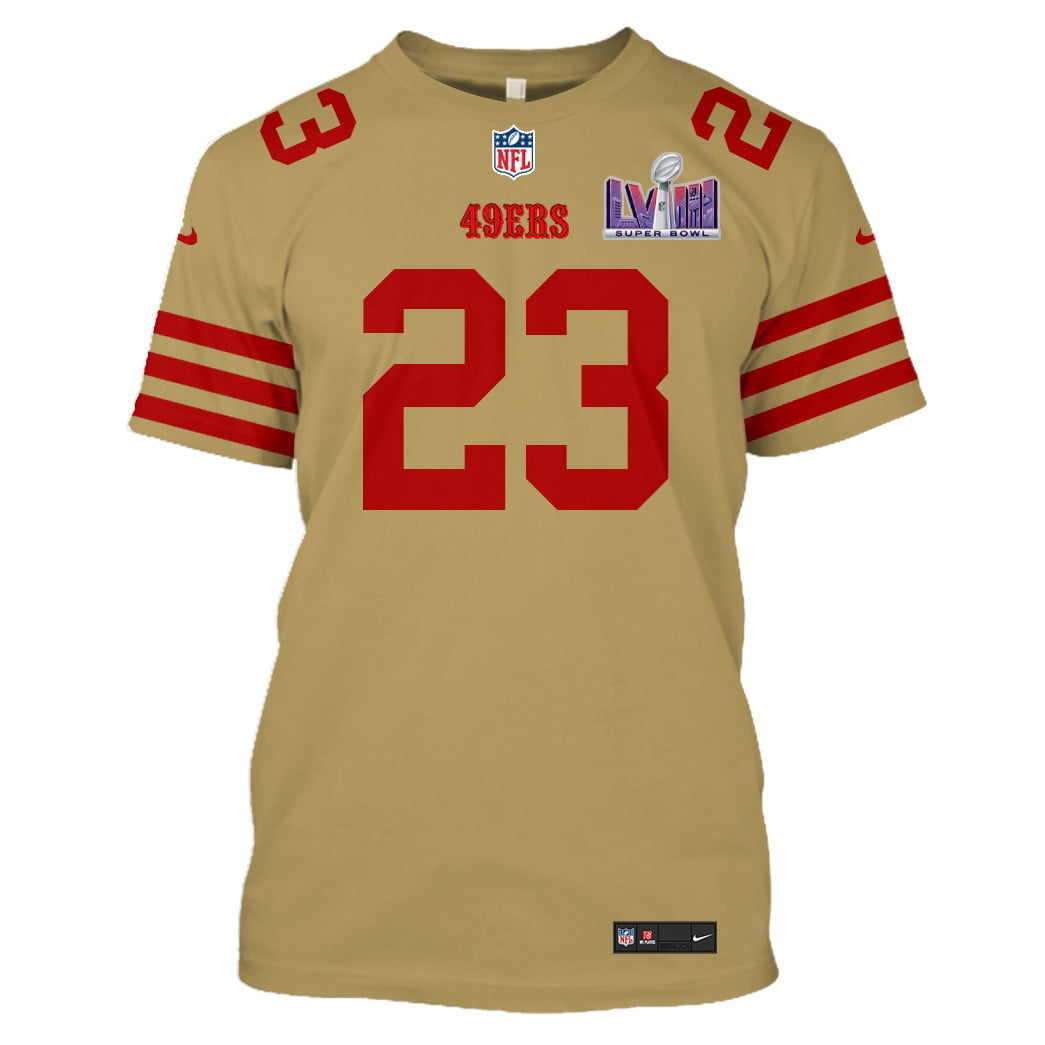Christian McCaffrey 23 San Francisco 49ers Super Bowl LVIII All Over Print T-shirt - Gold