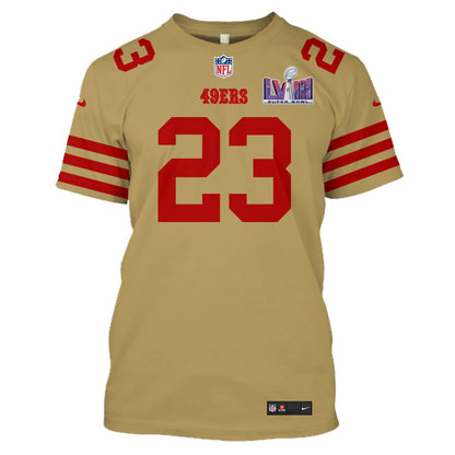 Christian McCaffrey 23 San Francisco 49ers Super Bowl LVIII All Over Print T-shirt - Gold