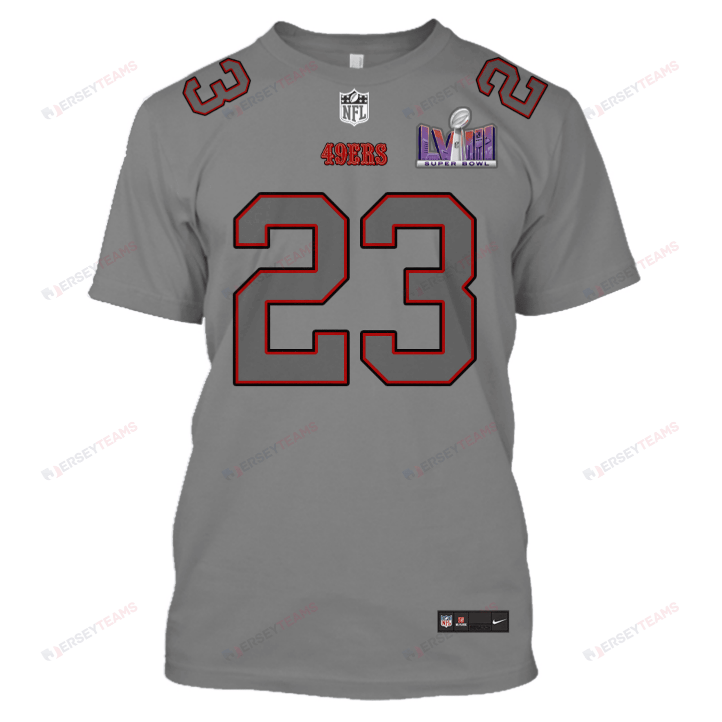 Christian McCaffrey 23 San Francisco 49ers Super Bowl LVIII All Over Print T-shirt - Gray