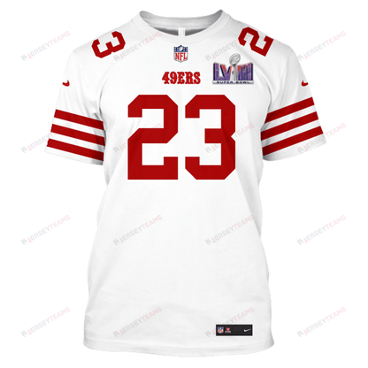 Christian McCaffrey 23 San Francisco 49ers Super Bowl LVIII All Over Print T-shirt - White