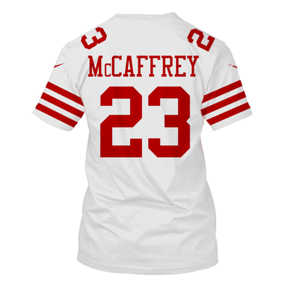 Christian McCaffrey 23 San Francisco 49ers Super Bowl LVIII All Over Print T-shirt - White