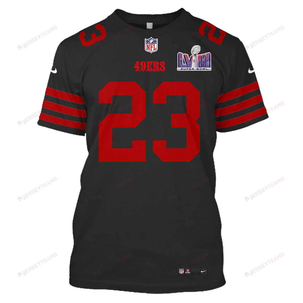 Christian McCaffrey 23 San Francisco 49ers Super Bowl LVIII All Over Print T-shirt - Black